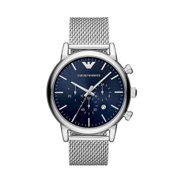 EMPORIO ARMANI Luigi Silver Stainless Steel Mesh Blue Dial Quartz Watch for Gents- EMPORIO ARMANI AR 80038