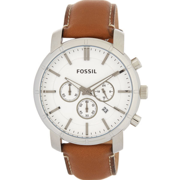 Fossil Brown Leather Strap White Dial Chronograph Quartz Watch for Gents - BQ2009