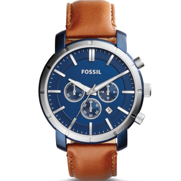 Fossil Brown Leather Strap Blue Dial Chronograph Quartz Watch for Gents - BQ2159