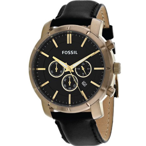 Fossil Black Leather Strap Black Dial Chronograph Quartz Watch for Gents - BQ2199