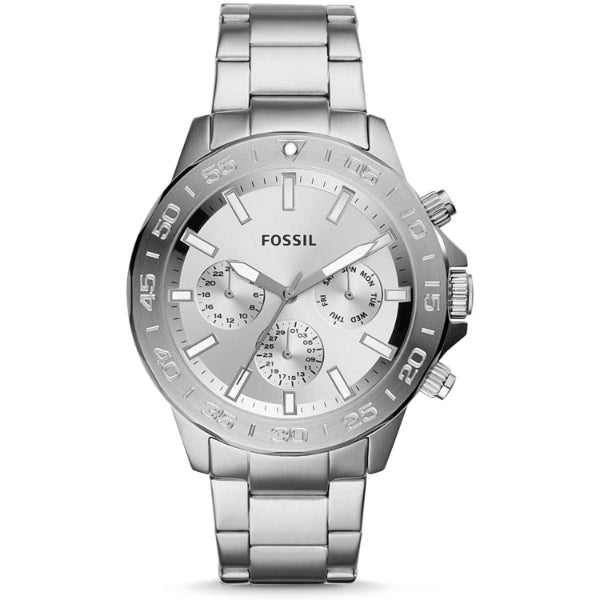 Fossil Bannon Multifunction Silver Stainless Steel Silver Dial Chronograph Quartz Watch for Gents - BQ2490