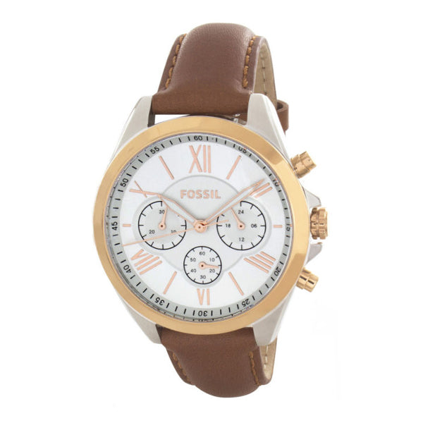 Fossil Brown Leather Strap White Dial Chronograph Quartz Watch for Ladies - BQ3033