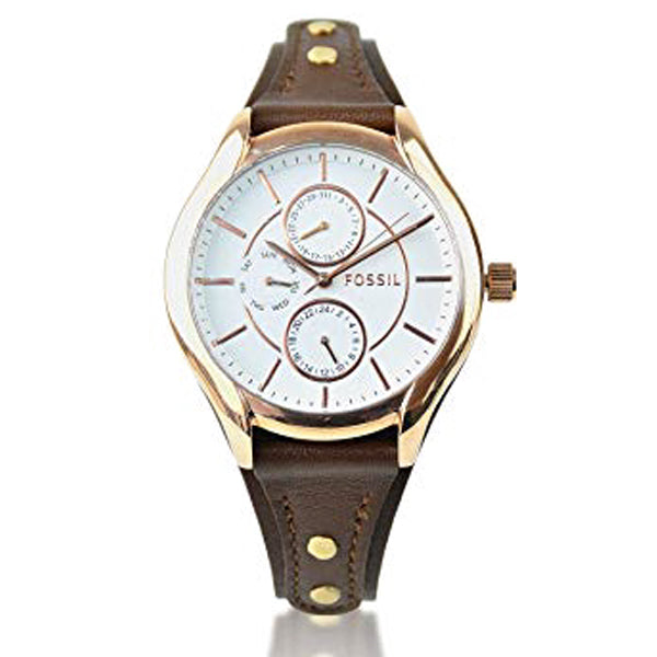 Fossil Boyfriend Brown Leather Strap White Dial Quartz Watch for Ladies - BQ3065