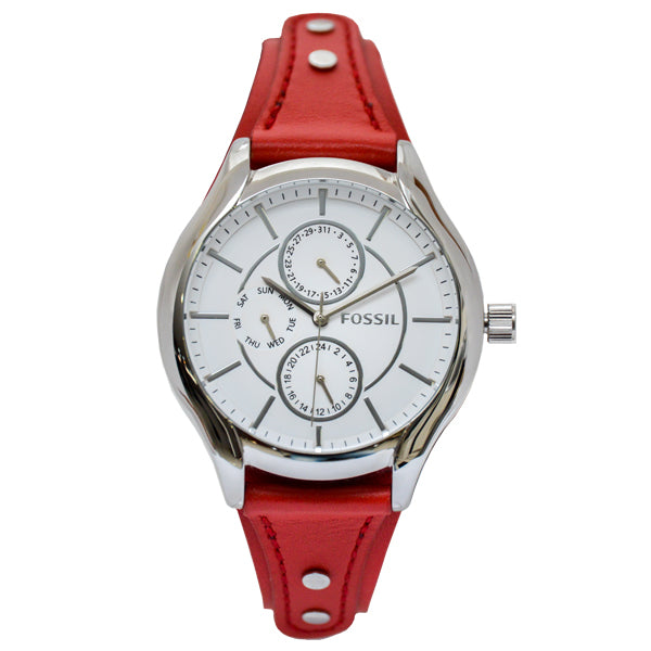 Fossil Red Leather Strap White Dial Quartz Watch for Ladies - BQ3094