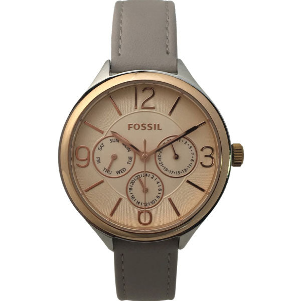 Fossil Grey Leather Strap Rose Gold Dial Quartz Watch for Ladies - BQ3106