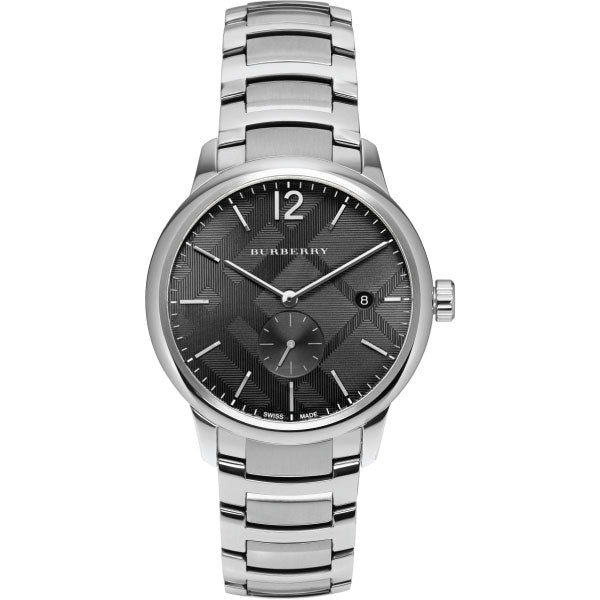 A Closeup Frontside view Burberry Silver Stainless Steel Black Dial Quartz Watch for Gents with Background