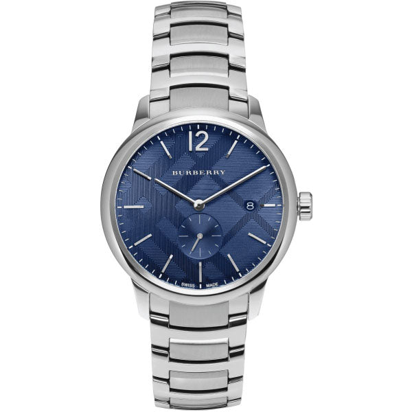 A Close up Front Side View Burberry Silver Stainless Steel Blue Dial Quartz Watch for Gents with White Background