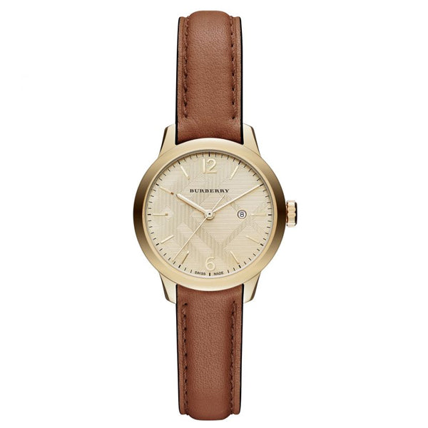 Burberry Brown Leather Strap Gold Dial Quartz Watch for Ladies - BU10101