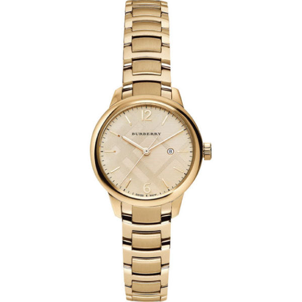 A Closeup Front Side View Burberry Gold Stainless Steel Gold Dial Quartz Watch for Ladies with White Background 