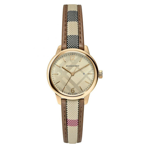 A front look Burberry Multicolor Leather Strap Gold Dial Quartz Watch for Ladies