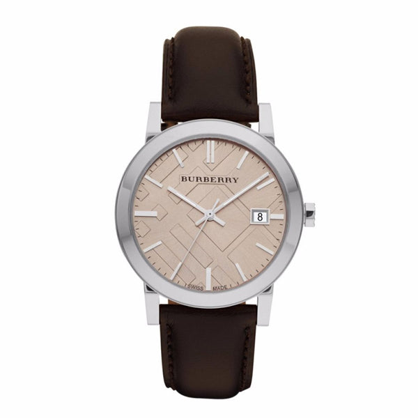 Close up Front view Burberry Heritage Brown Leather Strap Beige Dial Quartz Watch for Gents with white background