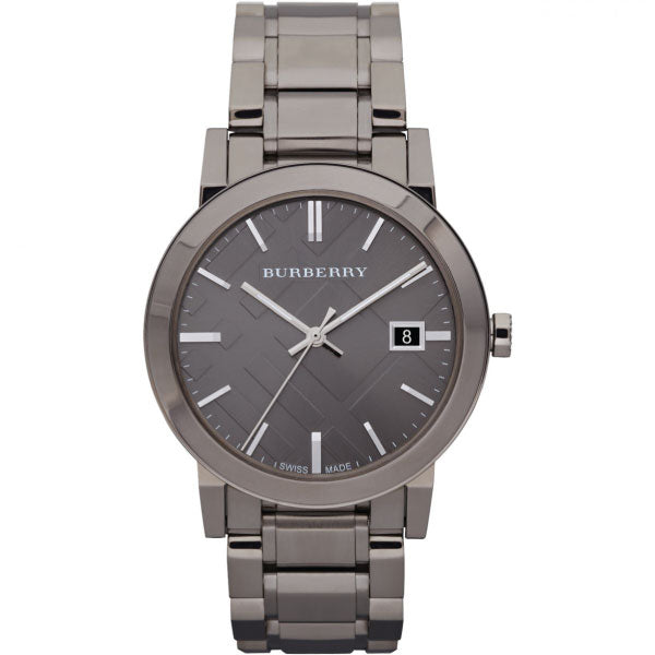 A Closeup Forntside View of Burberry Grey Stainless Steel Grey Dial Quartz Watch for Gents  with White Background 