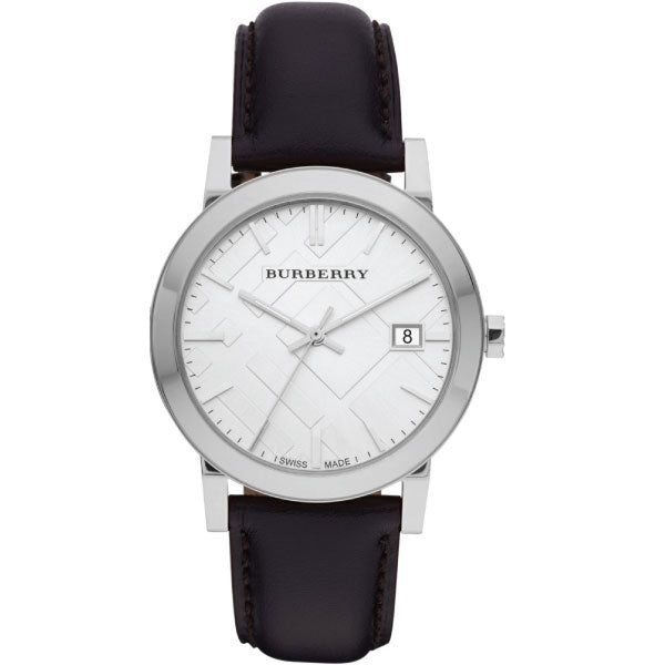 A Forntside view of Burberry Black Leather Strap silver Dial Quartz Watch for Gents with White Backgrond 