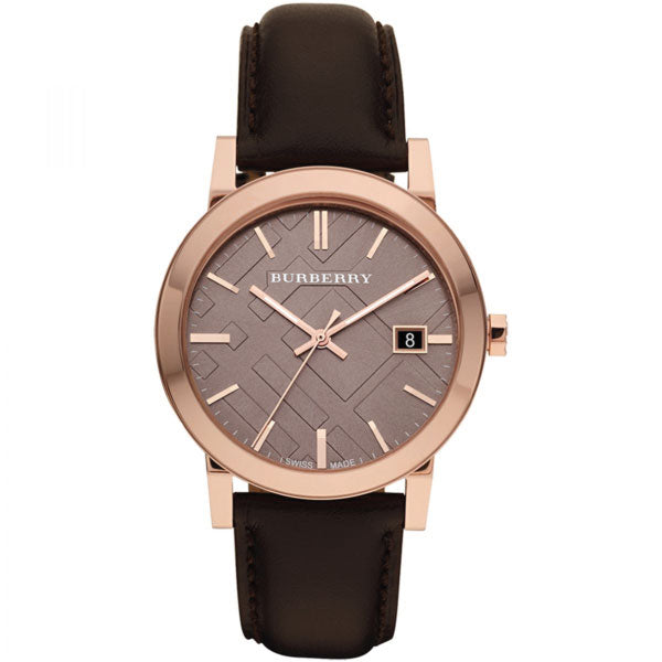 A Closeup Fornt Side Burberry Brown Leather Strap Brown Dial Quartz Watch for Gents with White Background