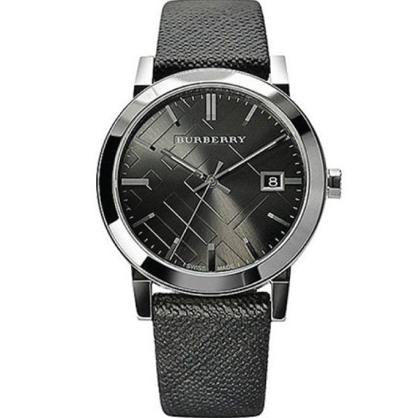 A Closeup View Front side of Burberry Heritage Black Leather Strap Black Dial Quartz Unisex Watch with white Background