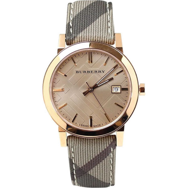 A closeup view Burberry Multicolor Leather Strap Rose Gold Dial Quartz Watch for Gents with white background