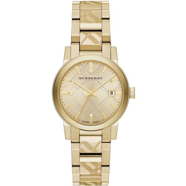 A Fornt Side View Burberry Gold Stainless Steel Gold Dial Quartz Watch for Ladies  with White Background