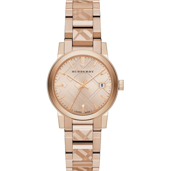 A Close up Front Side Burberry Rose Gold Stainless Steel Rose Gold Dial Quartz Watch for Ladies  with White background