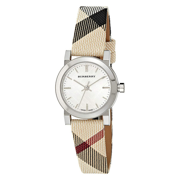 Close up front view Burberry Multicolor Leather Strap Silver Dial Quartz Watch for Ladies with white back ground