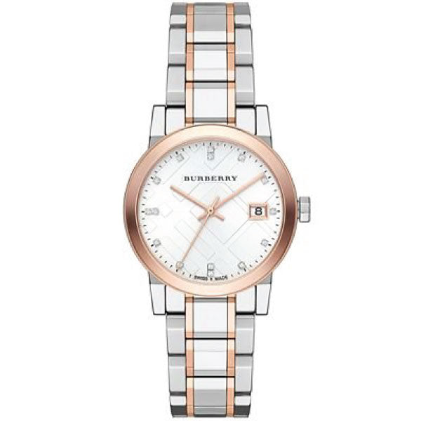 A closeup front side Burberry Heritage Two-tone Stainless Steel Silver Dial Quartz Watch for Ladies with white background