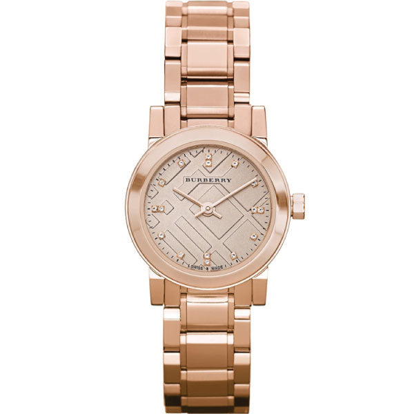 Fornt side view Burberry Heritage Rose Gold Stainless Steel Rose Gold Dial Quartz Watch for Ladies with white  backgroud