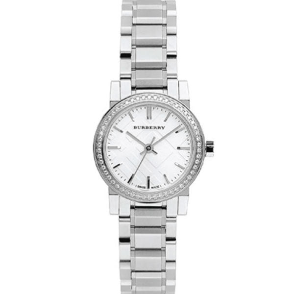 A Front side View of  Burberry City Silver Stainless Steel White Dial Quartz Watch for Ladies with White Background