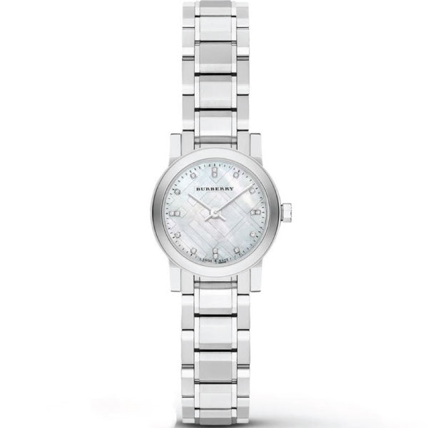 Closeup Front Side Burberry Silver Stainless Steel Mother of pearl Dial Quartz Watch for Ladies With white background 