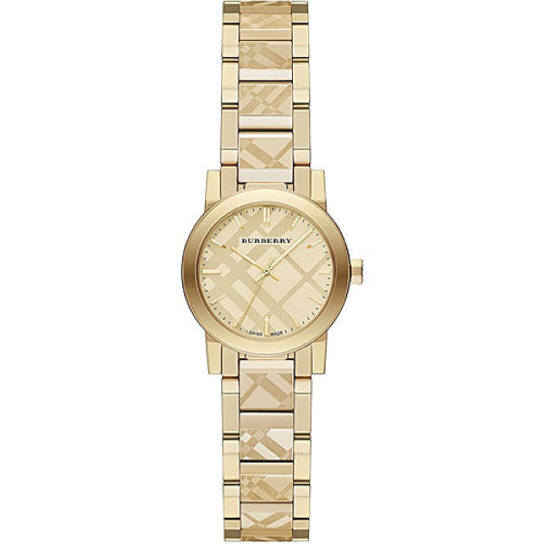 Closeup front side view Burberry Gold Stainless Steel Gold Dial Quartz Watch for Ladies with white backgroud