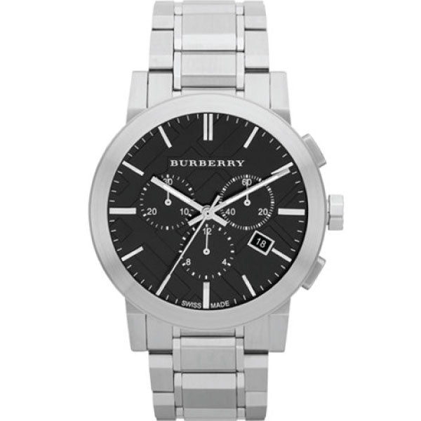 A Front side Burberry Silver Stainless Steel Black Dial Chronograph Quartz Watch for Gents with White Background