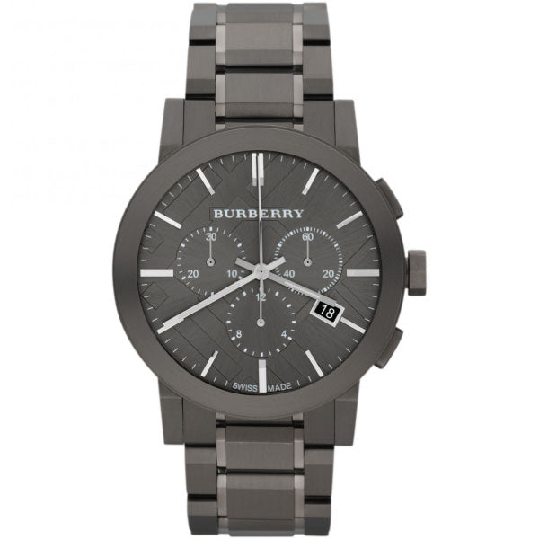 Closeup Front Side View Burberry Black Stainless Steel Black Dial Chronograph Quartz Watch for Gents with White Background