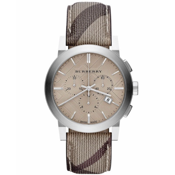 A Fornt side View of Burberry The City Multicolor Leather Strap Brown Dial Chronograph Quartz Watch for Gents with White Background