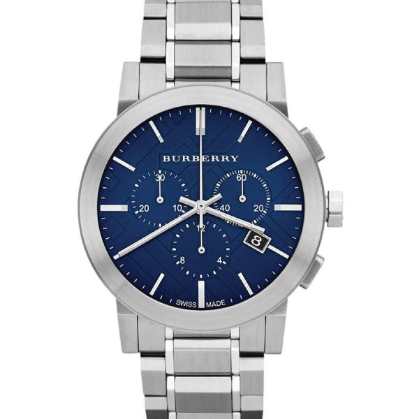 A Closeup Frontside View of Burberry Silver Stainless Steel Blue Dial Chronograph Quartz Watch for Gents with White Background