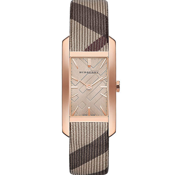 A Close up front side view Burberry Multicolor Leather Strap Rose Gold Dial Quartz Watch for Ladies with white background