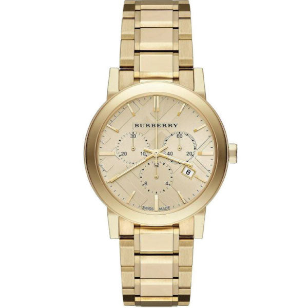A closeup front side view Burberry Gold Stainless Steel Gold Dial Quartz Watch for Ladies with white backgroud