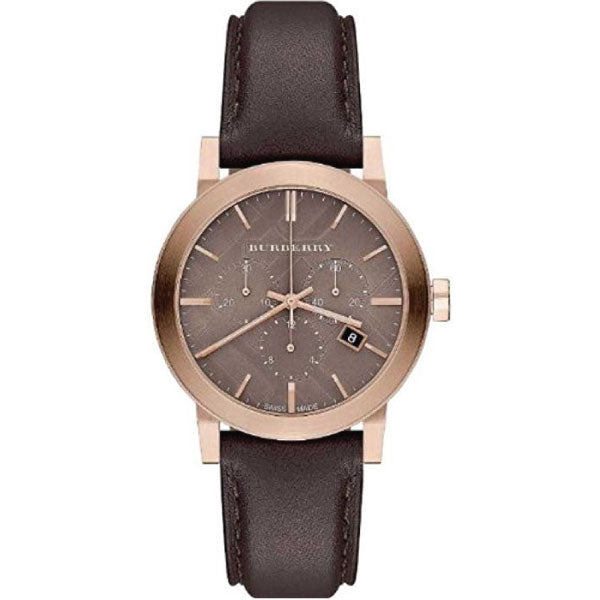 A Closeup Front Side View Burberry Brown Leather Strap Brown Dial Chronograph Quartz Watch for Gents with white background