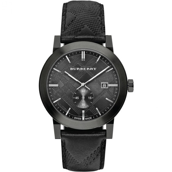 A Close up  Front Side Burberry Black Leather Strap Black Dial Quartz Watch for Gents With White Background