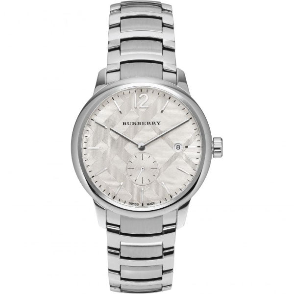 A Fornt side view of Burberry Classic Silver Stainless Steel Silver Dial Quartz Watch for Gents with Wihte Background