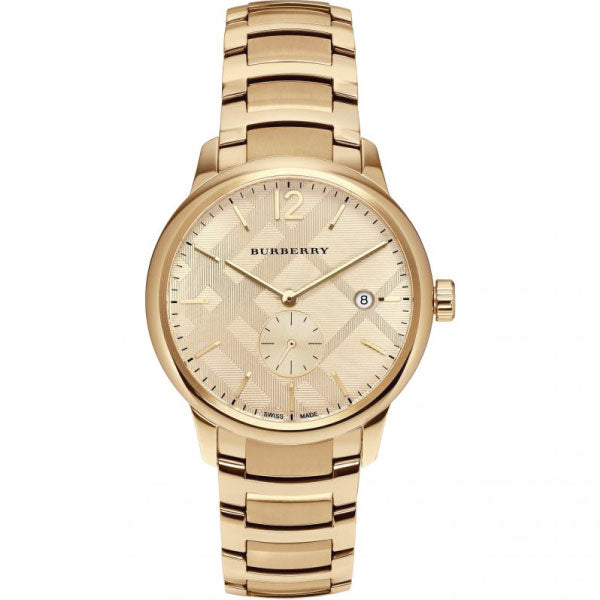 A Closeup Frontside of Burberry  Classic Gold Stainless Steel Gold Dial Quartz Watch for Gents with White Background