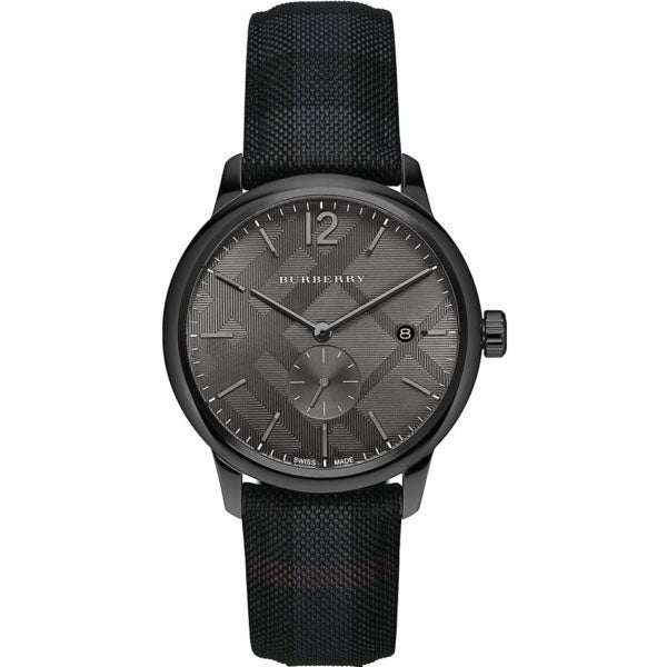 A Closeup Frontside of Burberry Classic Black Leather Strap Black Dial Quartz Watch for Gents with White Background