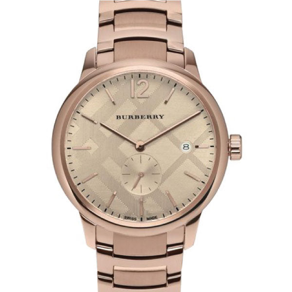 A Frontside View of Burberry Classic Rose gold Stainless Steel Rose Gold Dial Quartz Watch for Gents with White Background