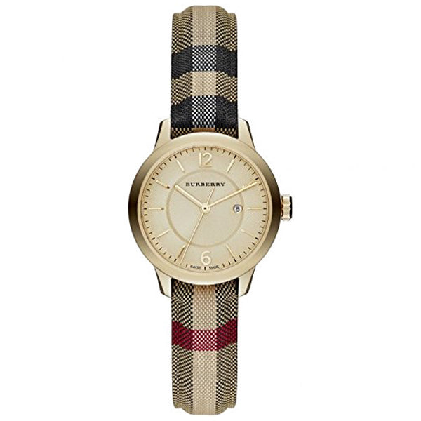  Closeup front view Burberry Multicolor Leather Strap Gold Dial Quartz Watch for Ladies with white backgroud
