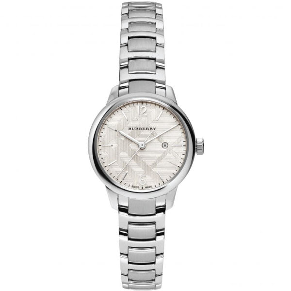 A Close up Frontside view of Burberry  Classic Silver Stainless Steel Silver Dial Quartz Watch for Ladies with White
