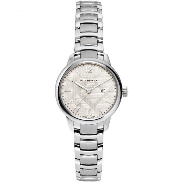 A Close up Frontside view of Burberry Classic Silver Stainless Steel Silver Dial Quartz Watch for Ladies with White