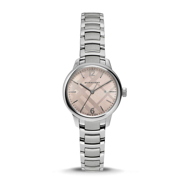 A Closeupfrontside View Burberry Silver Stainless Steel Pink Dial Quartz Watch for Ladies with White Backgroud
