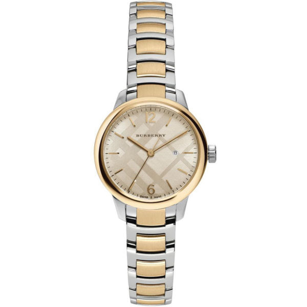 A Frontside view Burberry Classic Two-tone Stainless Steel Gold Dial Quartz Watch for Ladies with White Background 