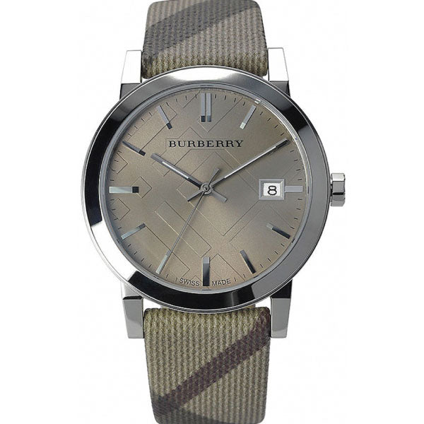 A Closeup Front side  of Burberry The City Multicolor Leather Strap Beige Dial Quartz Watch for Ladies 