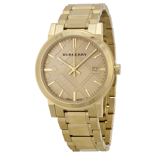 A Closeup Front Side View Burberry Gold Stainless Steel Gold Dial Quartz Unisex Watch with White Backgroud