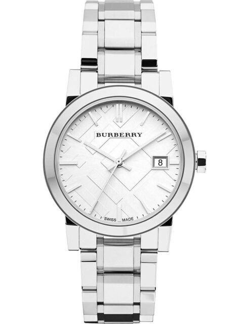 Front side view Burberry Silver Stainless Steel Silver Dial Quartz Watch for Ladies with white background