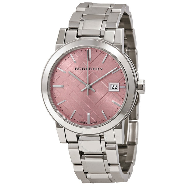 A closeup front side view Burberry Silver Stainless Steel Pink Dial Quartz Watch for Ladies with white background