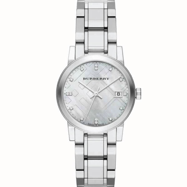 A close up Front Side view Burberry Diamond Silver Stainless Steel Mother of pearl Dial Quartz Watch for Ladies with White Background 
